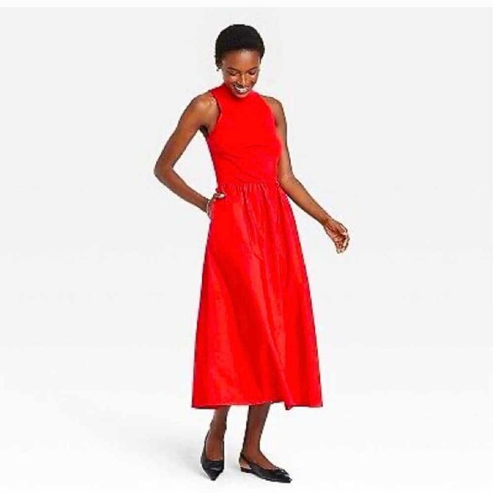 A New Day Red Sleeveless Mock Neck Midi Dress with Pockets - Size S